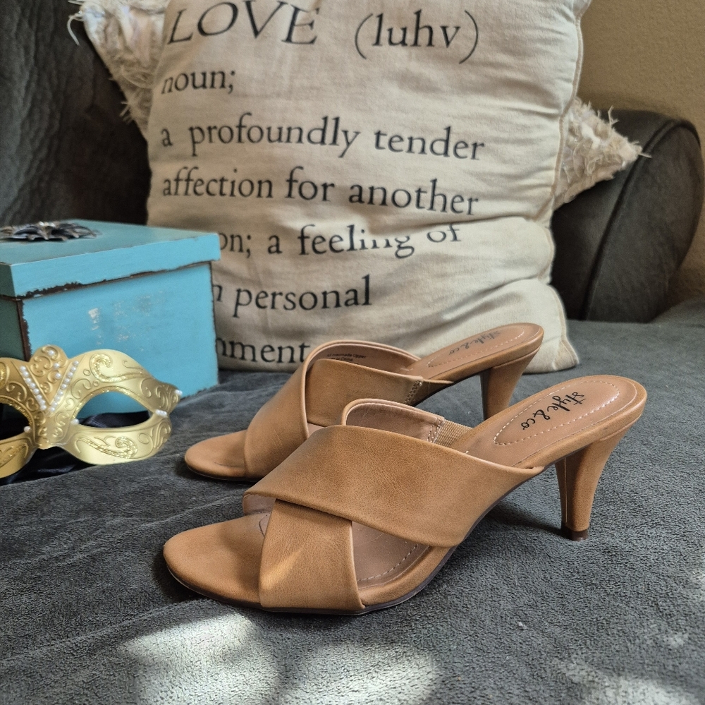 Style & Co Tan Heels with Geometric Straps